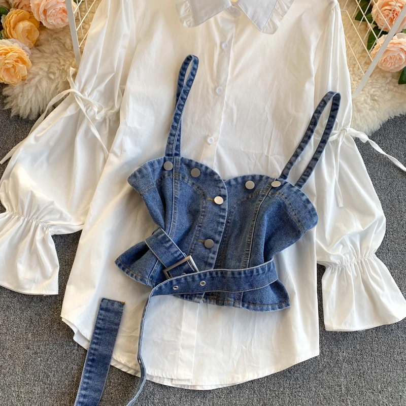 Dwuczęściowe stroje dla kobiet w stylu Vintage garnitur Casual bufiaste rękawy luźna koszula topy Denim Sling kamizelka w koreańskim stylu szykowny