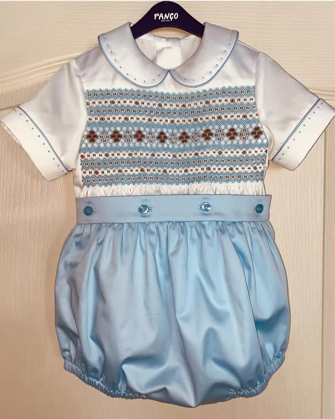 0-6Y Baby Boy Summer Short Sleeves Blue Handmade Embroidery Smocked Outfit Suit for Party Birthday Holiday  A76