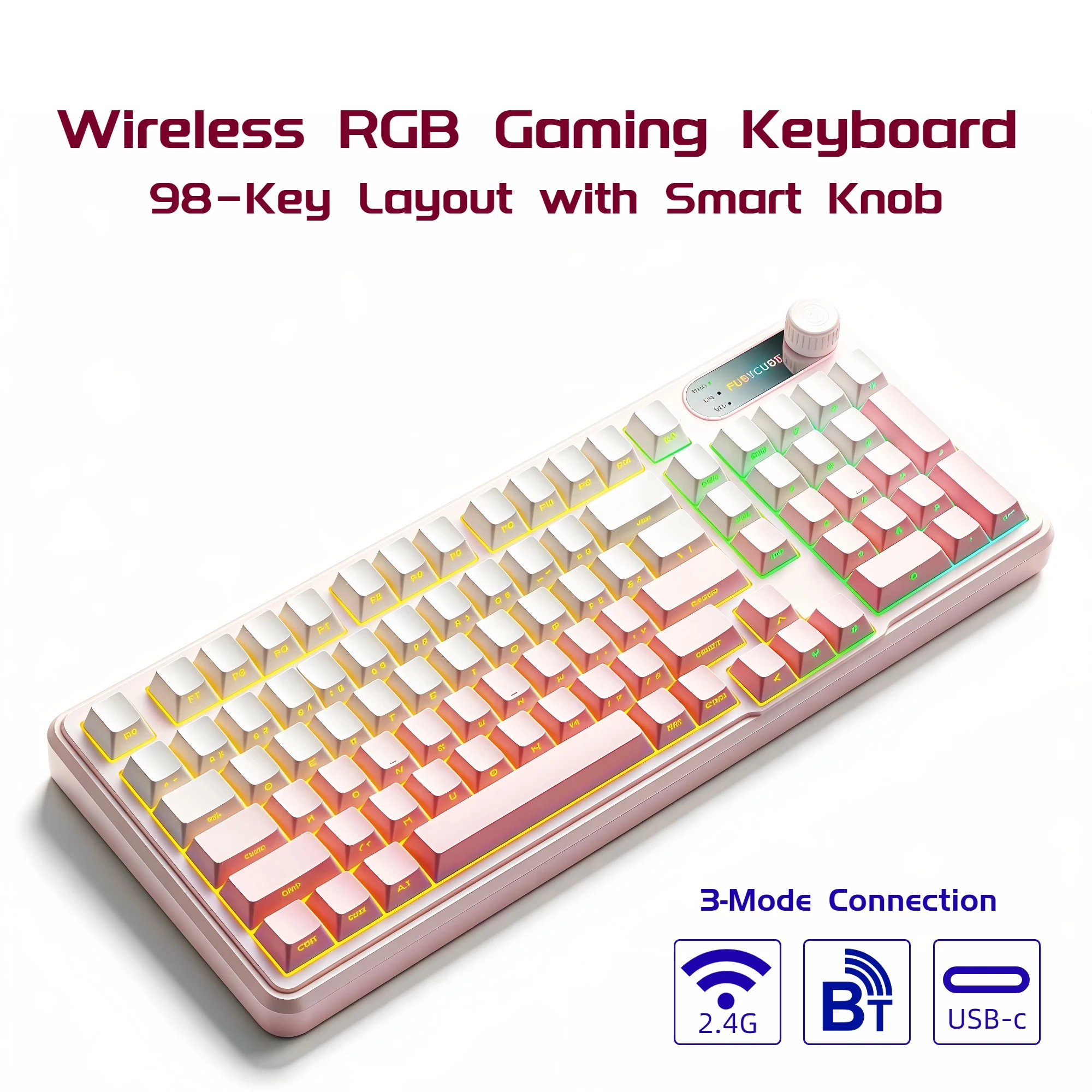 Gradient Aesthetic Wireless Keyboard 98 Key RGB Bluetooth 5.0 2.4G USB-C Wired Triple Mode 4000mAh Quiet Mechanical Feel Smart Display Knob Compact Numpad for College Students Dorm Room Study Home Office Gaming PC Mac Back to School Gift