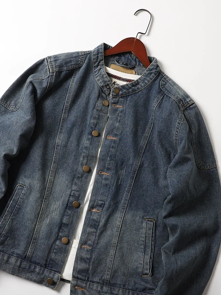 

Ретро-куртка-джинсовка в американском стиле цвета хаки с мотоциклетным воротником, мужская, модная повседневная верхняя одежда, с длинными рукавами, приталенного кроя, молодежная, стильная