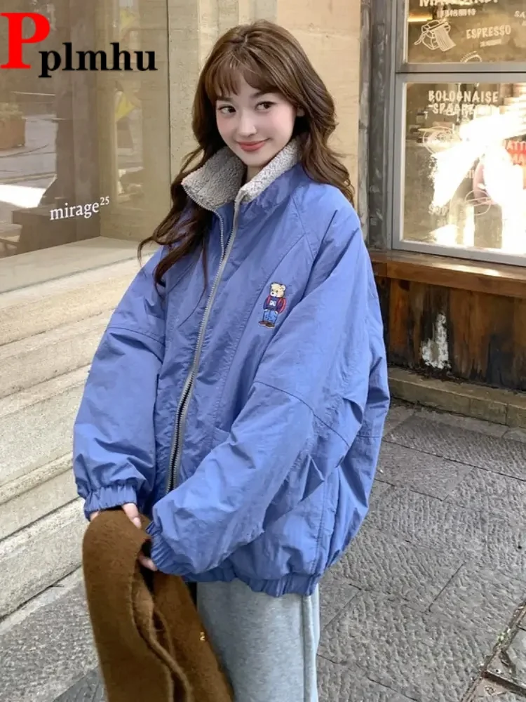 

Корейские модные куртки с вышивкой медведя, пальто, женские повседневные куртки с воротником-стойкой, утолщенные теплые мешковатые куртки на молнии