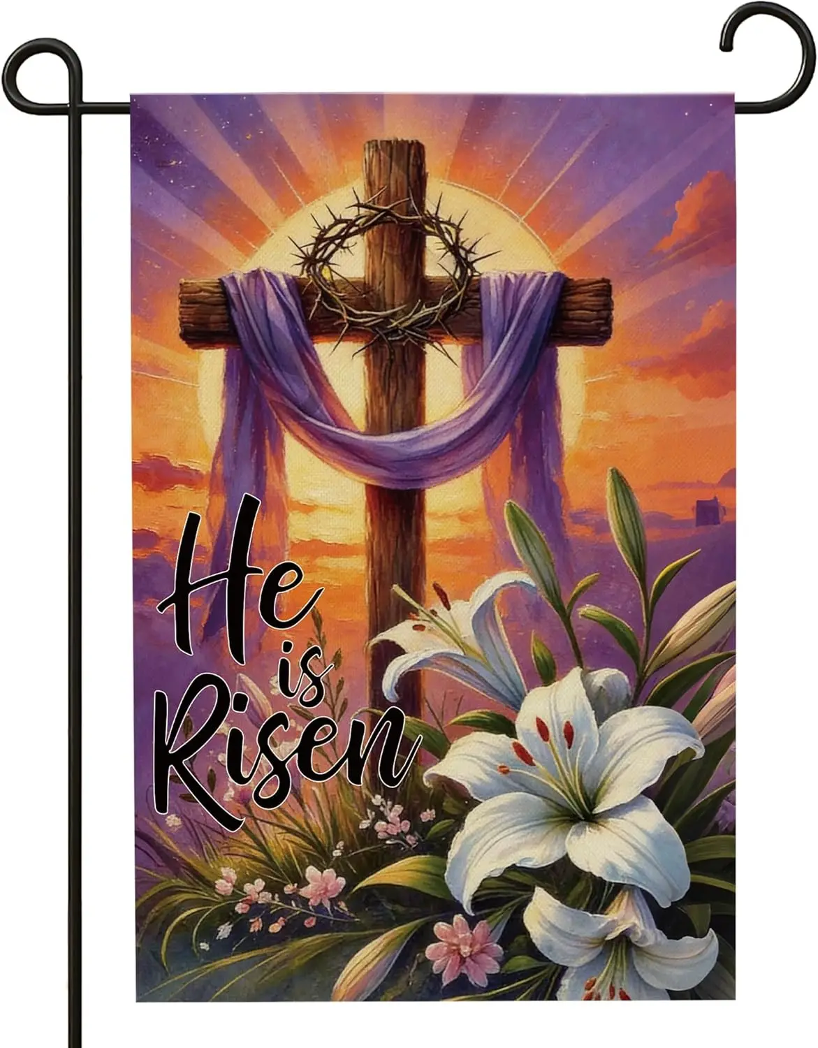 Christian Easter He is Risen Garden Flag, Religious Cross Lily Flower Faith Decor, 12x18 inches Double Sided Easter Yard Sig WWP