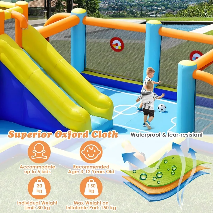 Toboggan aquatique gonflable 8 en 1, maison de rebond, parc aquatique avec buts de football, piscine anti-éclaboussures, mur d'escalade, pistolets à eau, jeu de cible, extérieur