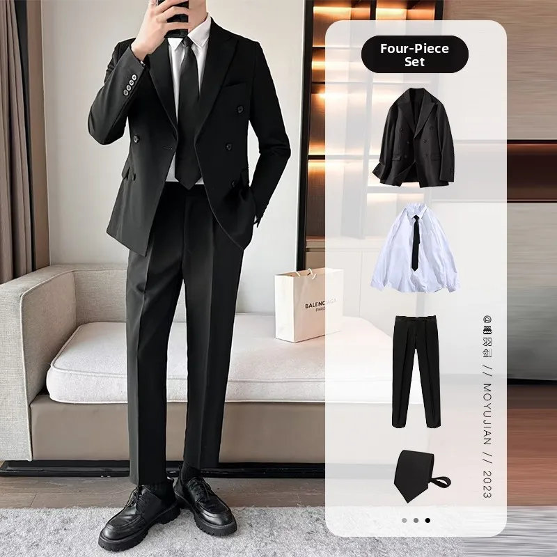 

Men's Double-Breasted Suit Set Casual Wedding omsmen Formal Busin Engli Sle Pure Color Stand Fit Office Wear