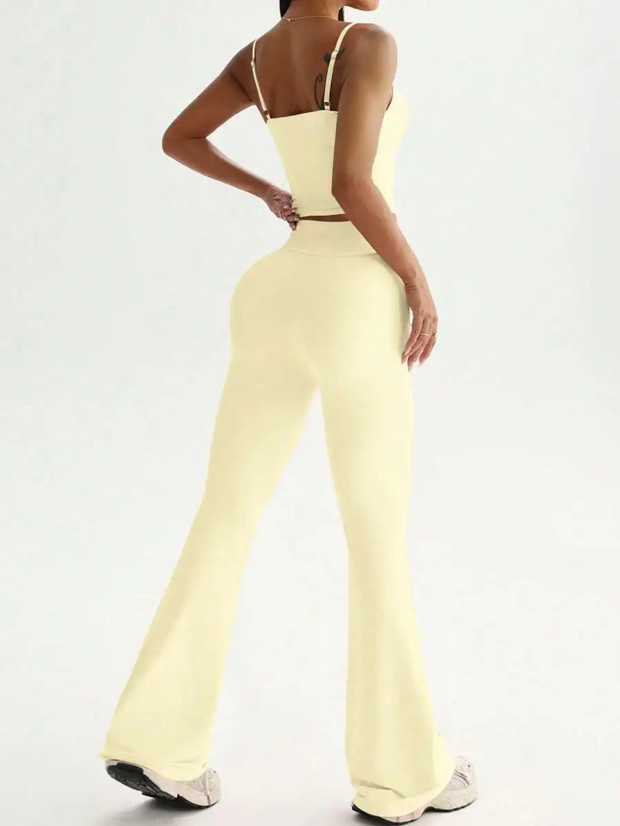 

Womens 3 Piece Sport Set: Adjustable Strap Top, High Waist Flared Pants, Casual Gym Yoga Wear