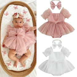 Baby Girls Sweet Romper Dress Short Puff Sleeve Bow Front Jumpsuit Tulle A-Line Dress with Headband Sets 2Pcs Summer Outfits