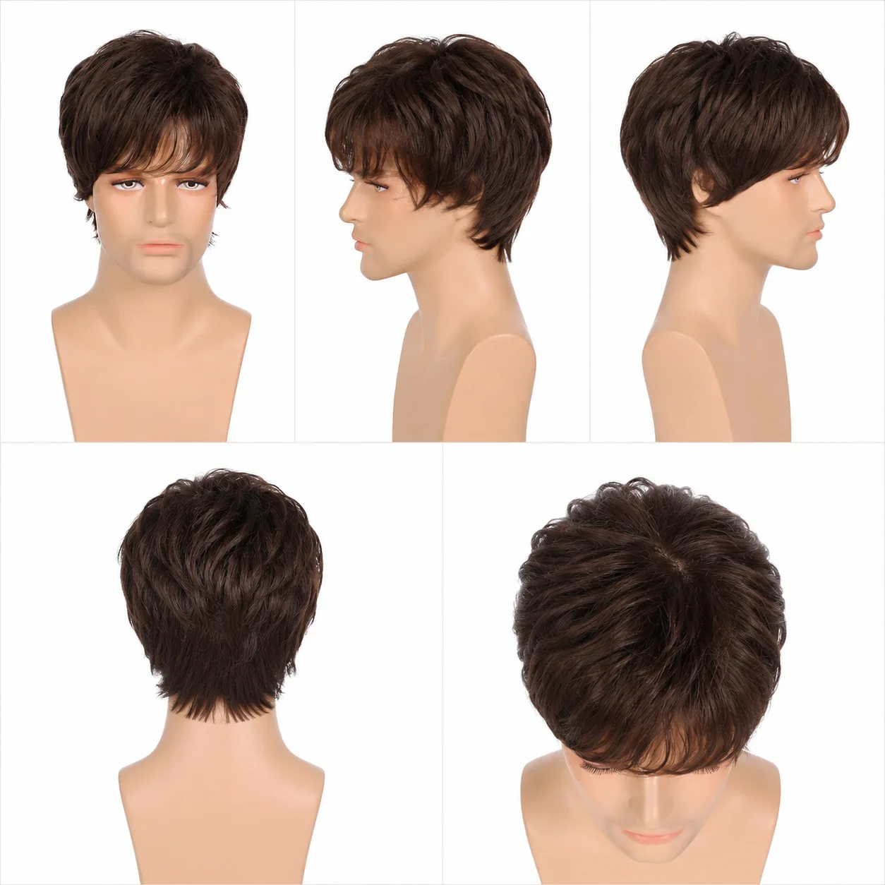 Fashionable men's synthetic wig short straight hair brown party cosplay daily high-temperature hairpiece headgear