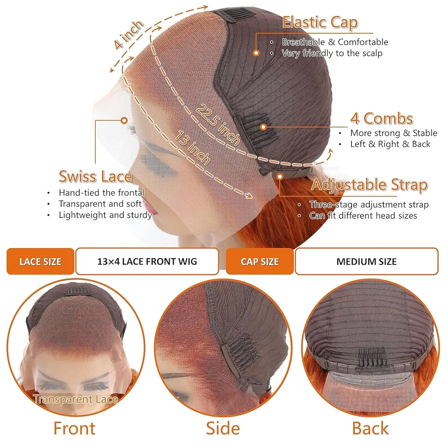 13x4 شعر مستقيم 180% كثافة البرازيلي شعر بشري لعذراء للنساء 350 الزنجبيل البرتقالي الدانتيل الجبهة الباروكات #3