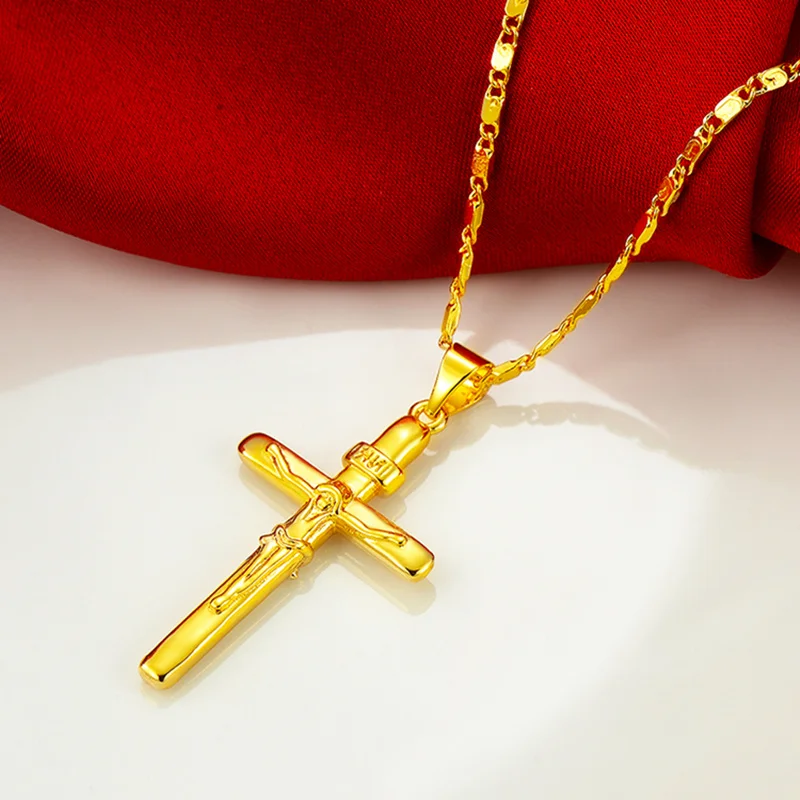 24K Gold Color Necklace Cross Pendant Necklace For Women/Men Couple Necklace Jewelry Gift
