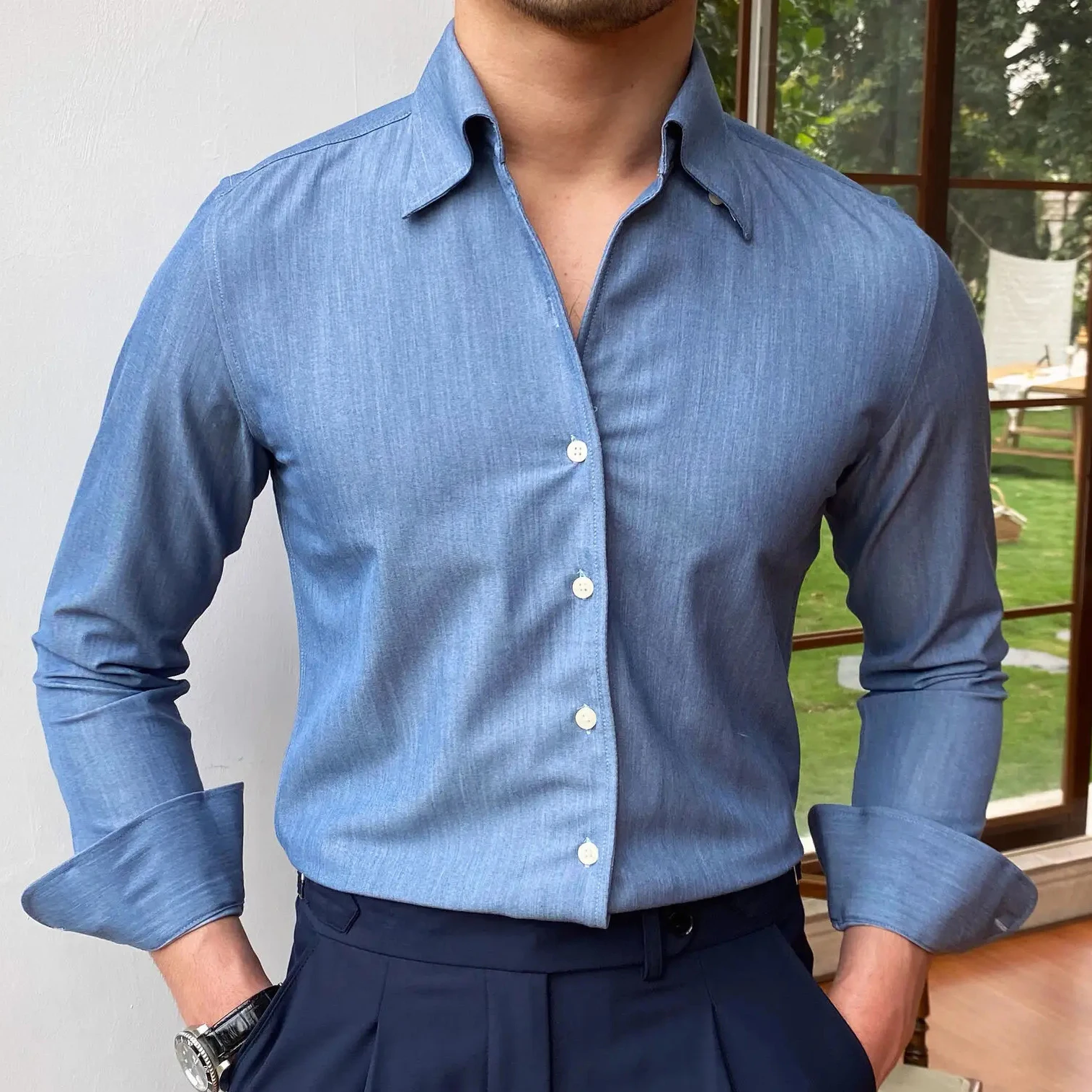 British Style Casual All-match Solid Color Summer Shirt Trendy Denim Blue Business Formal Dress Shirt Long Sleeve Shirt Men