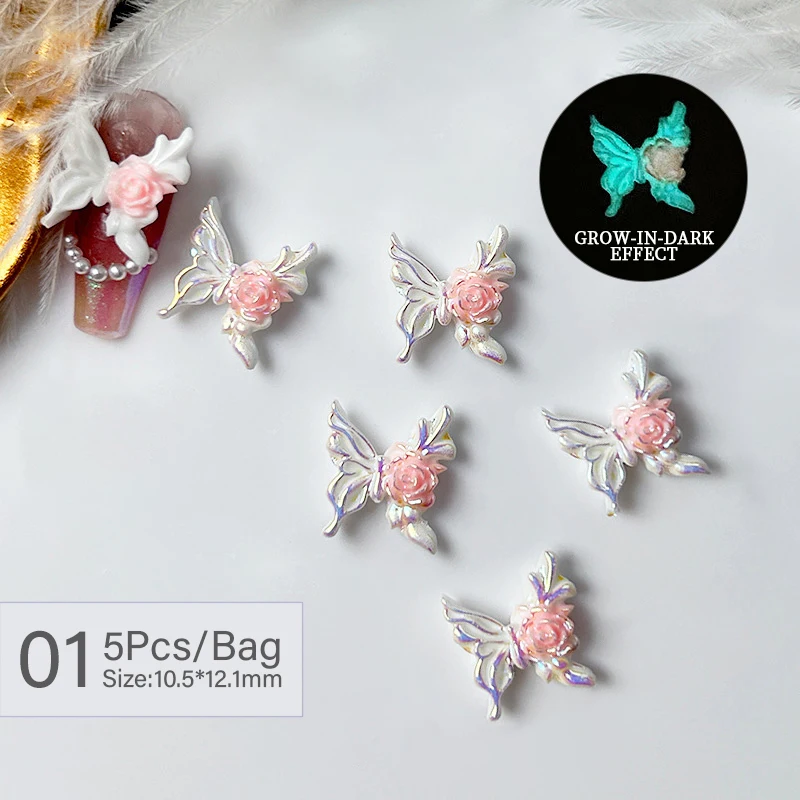 1 Bag Butterfly Flower Nails Charms Pink White Bear Rabbit Grow In Dark Effect Kawaii Jewelry Nails DIY Decorations Accessories