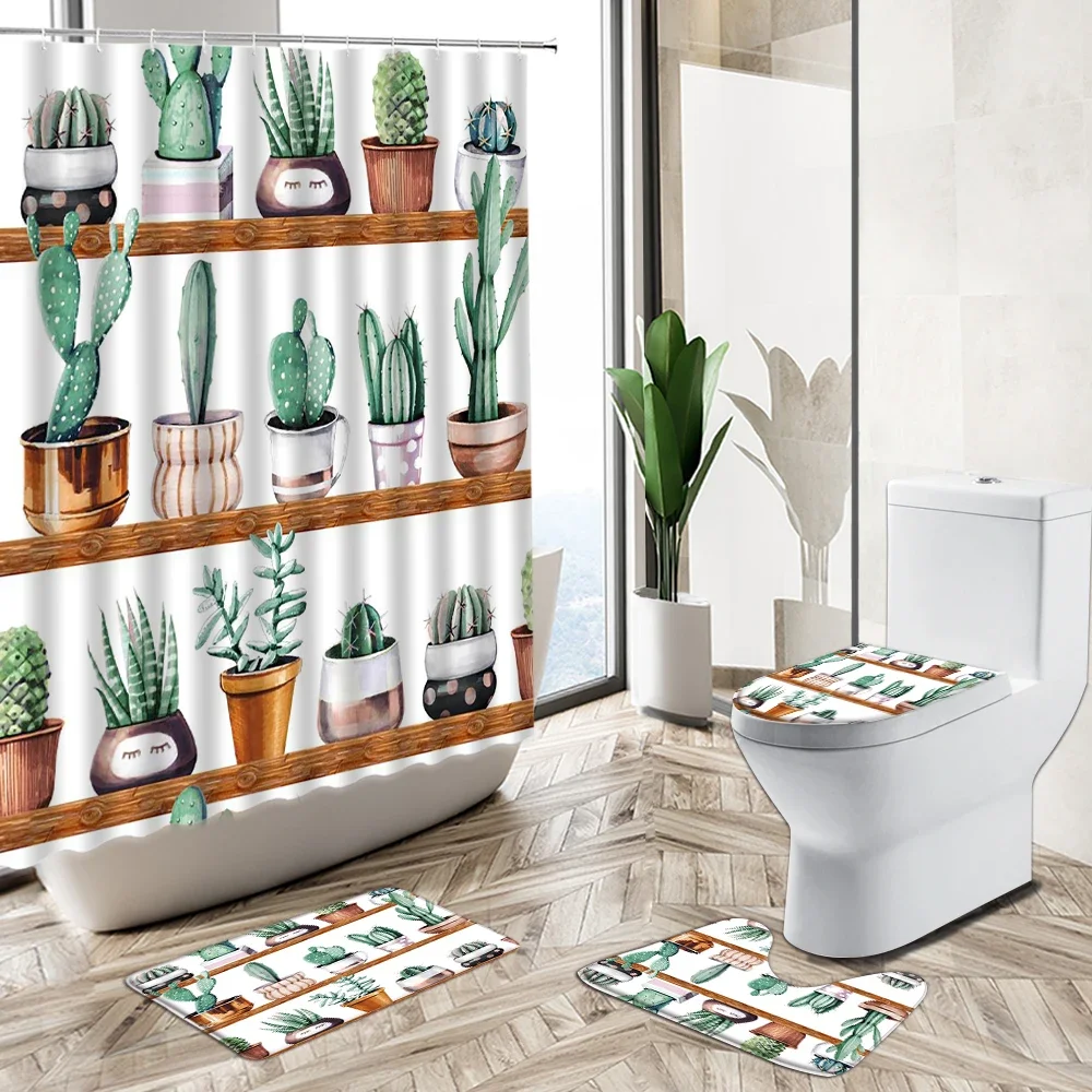 Cartoon Cactus Pattern Shower Curtain Set Nordic Tropical Green Plant Potted Child Bathroom Non-Slip Pedestal Rug Toilet Cover