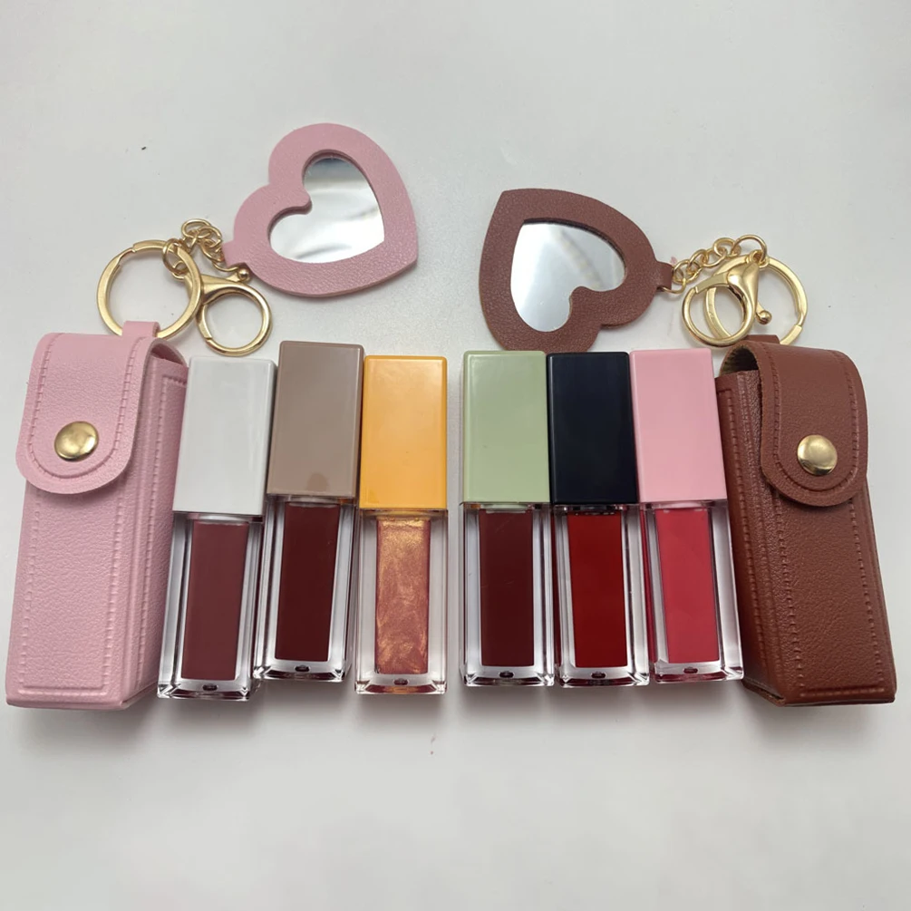 Lucidalabbra/olio per labbra con pendente a specchio in pelle PU Pigmento per etichetta privata Idratante a lunga durata Logo personalizzato Trucco all'ingrosso