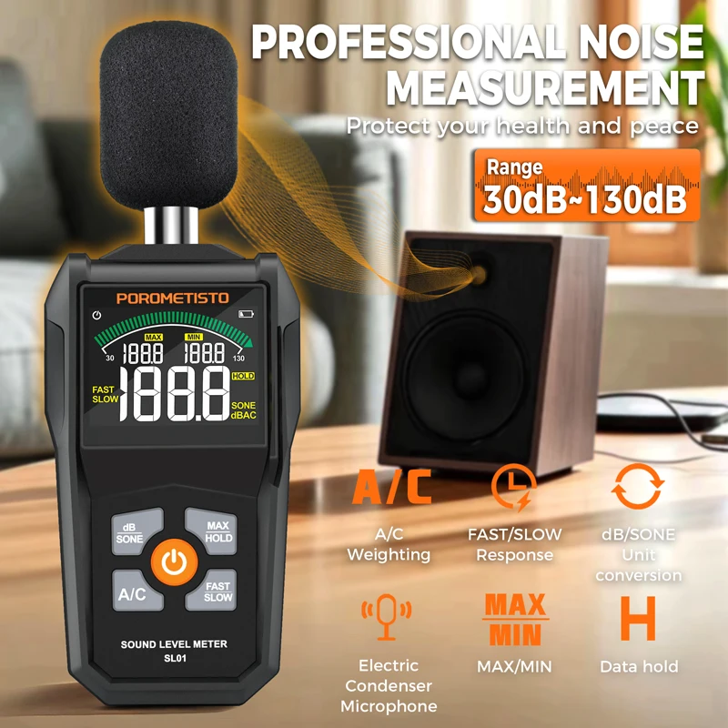 Decibel Monitor Portable Digital Sound Level Meter High Sensitivity Audio Noise Meter 30~130dB with LCD A/C Weighted for Home