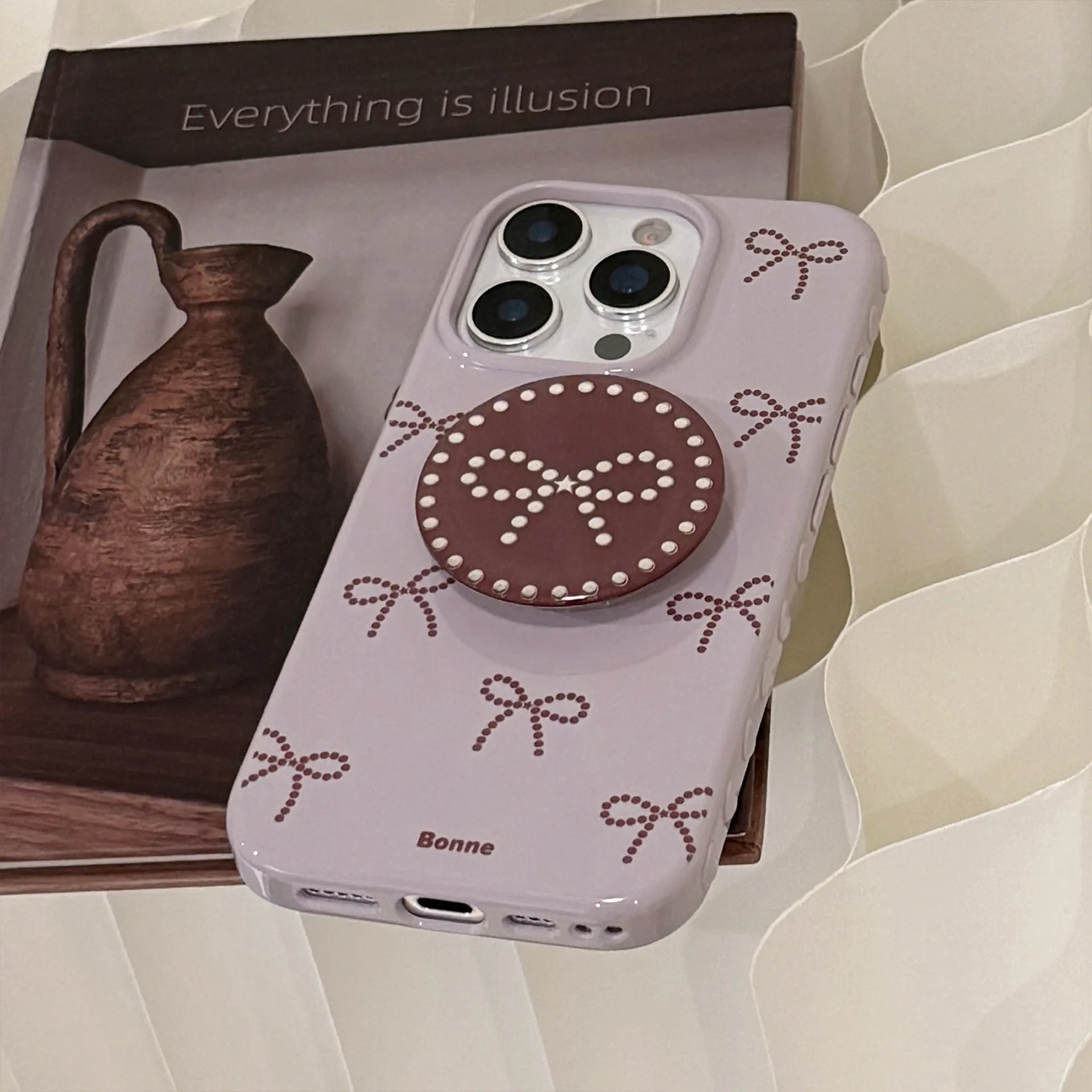 Ins نمط رمادي أرجواني القوس جراب هاتف آيفون 17 16 15 14 12 13 11 Pro ProMax Plus X XR غطاء هاتف مقاوم للصدمات