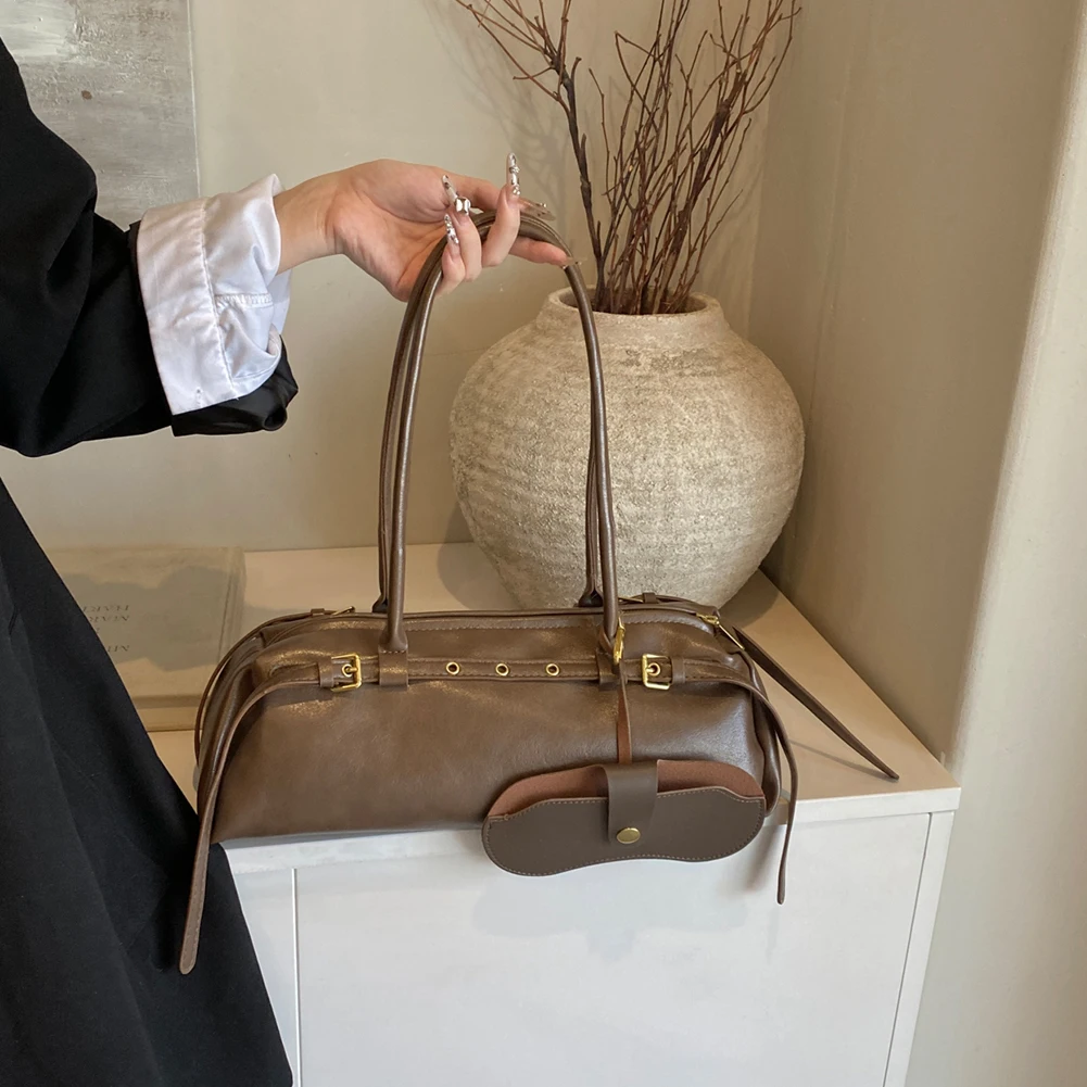 

Сумка подмышки из искусственной кожи, повседневная сумка Boston для женщин, однотонная сумка для боулинга, большая сумка в стиле ретро, пригородная сумка