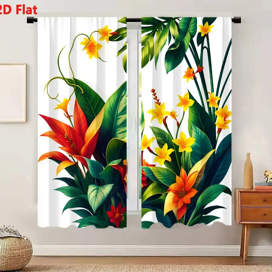 2Pcs Curtains 2D Flat Vibrant Tropical Floral Arrangement With Red Orange Bird Flower Green Leaves Yellow Stars And Painterly Il