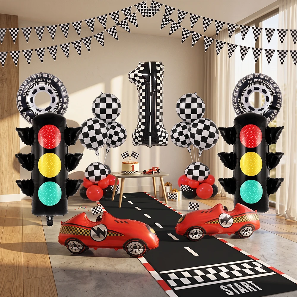 Rennsport-Geburtstagsdekoration Schwarz-Weiß Karierte Zahlenballons Folienballons Ampel-Reifenballons Rennwagen-Party-Dekorationszubehör