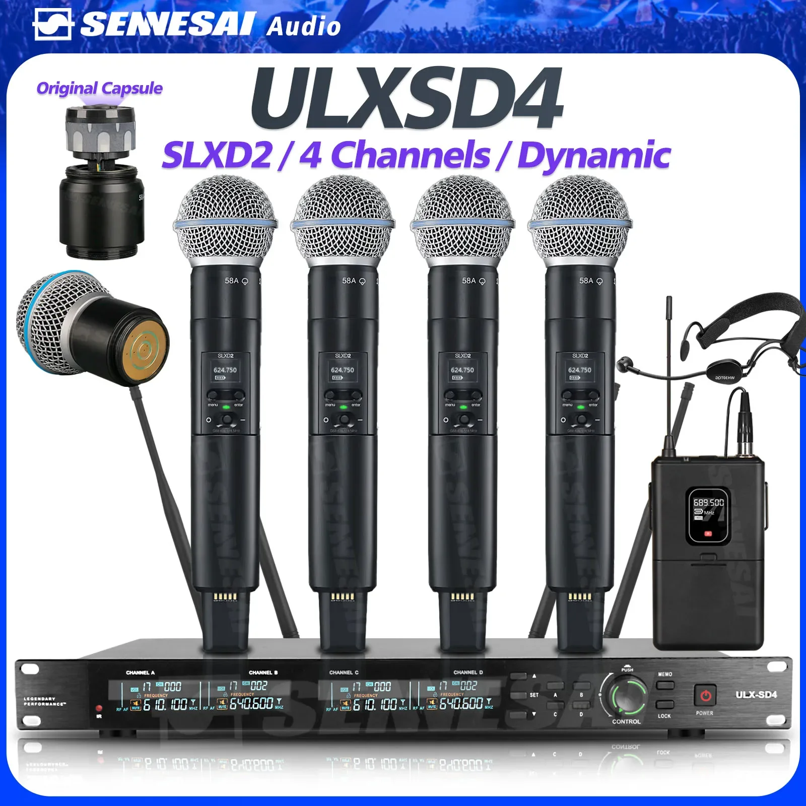 TOP！ULX-SD4/SLXD2 Wireless Microphone (Whole Metal) 4 Channels UHF Professional Mic Dynamic Handheld For Party Karaoke Church