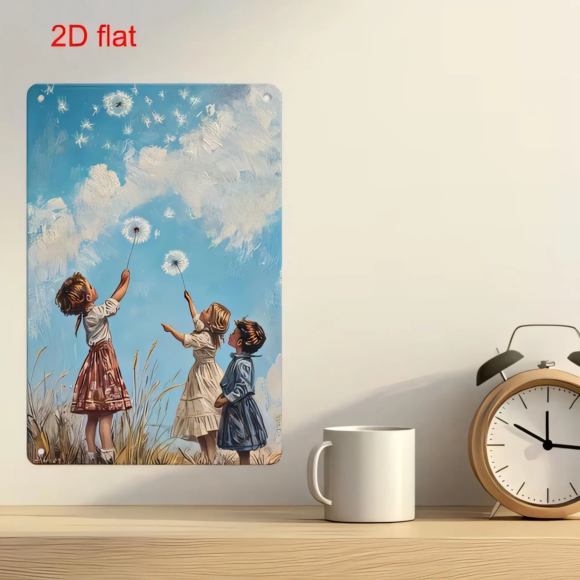 Tin Sign  Vintage Dandelion Kids Playing Sky Blue Wall Art Metal Poster for Home Decor Farmhouse Cottage Garden Gift, Cute Child