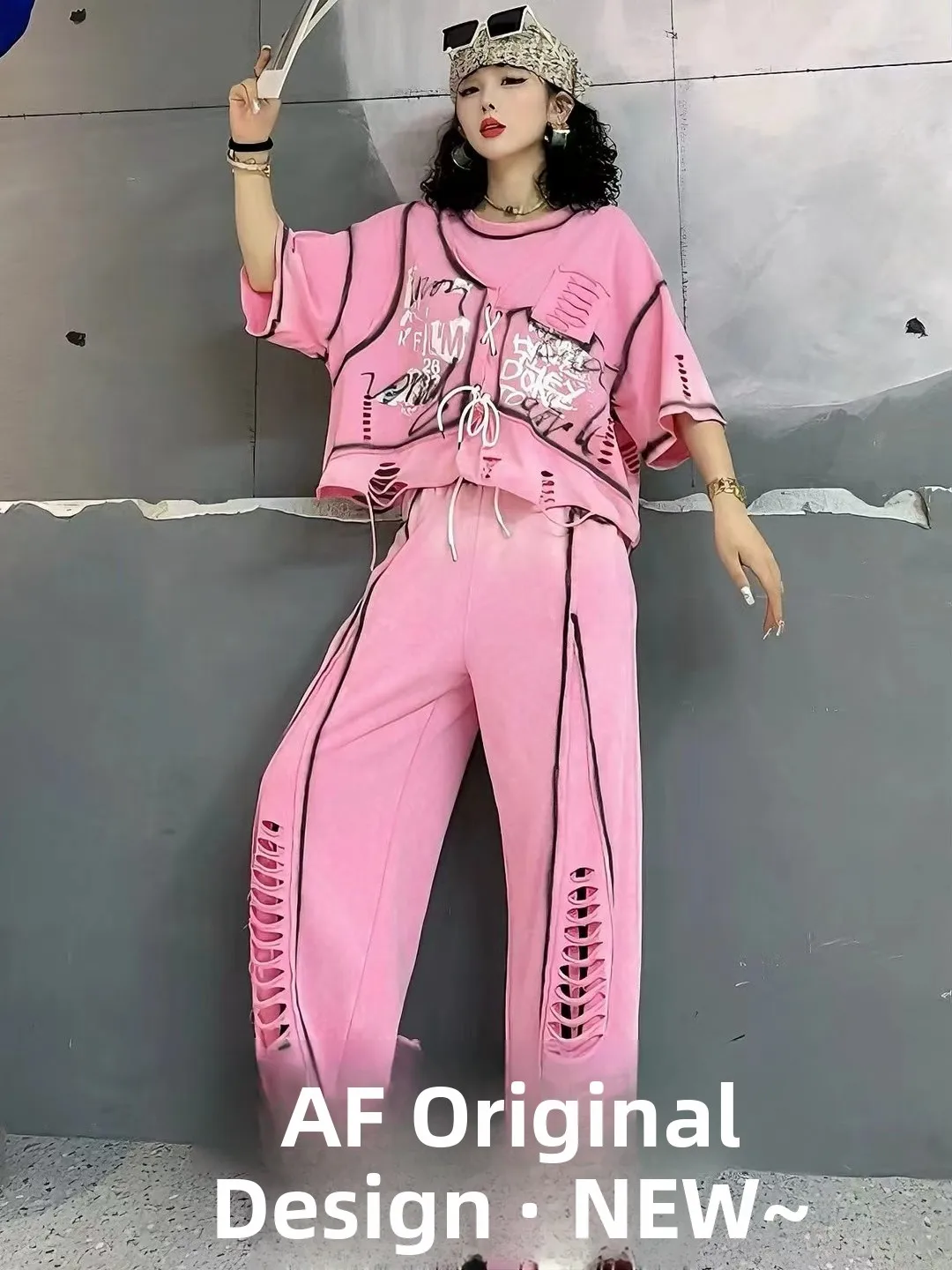 Casual Letter Print Hole Punch Short Sleeve Top And Bottoms Set Women's Summer Fashion Design Sense Tie Dye Loose Fit Sportswear