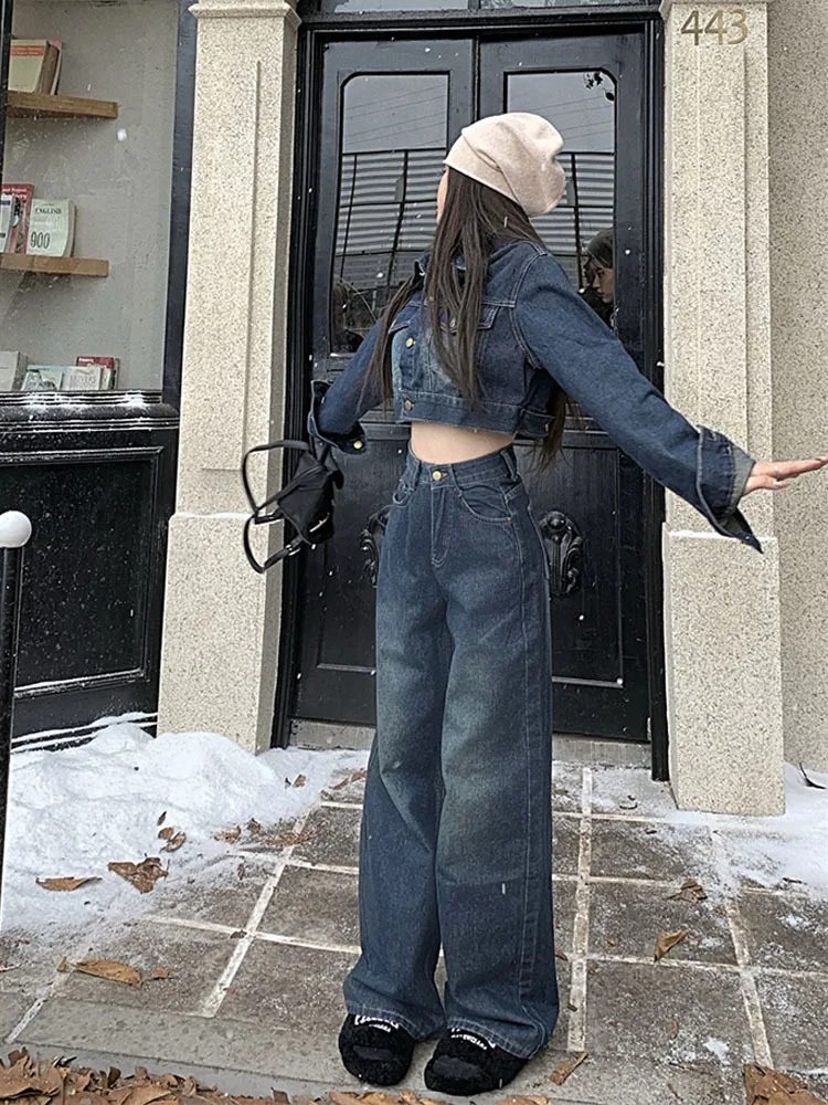 Vintage denim suit women\'s short coat top + Jeans wide leg pants 2023 spring autumn new fashion two-piece set