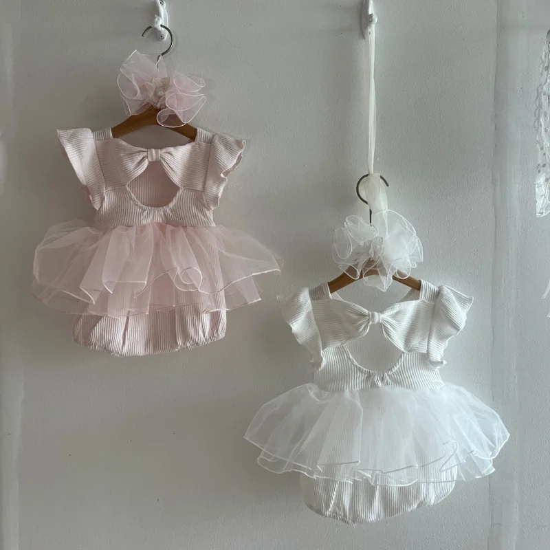 

2026 Summer New Infant Girl Short Sleeve Mesh Bodysuit Baby Girl Lace Bow Princess Dress Toddler Girl Party Photography Clothes