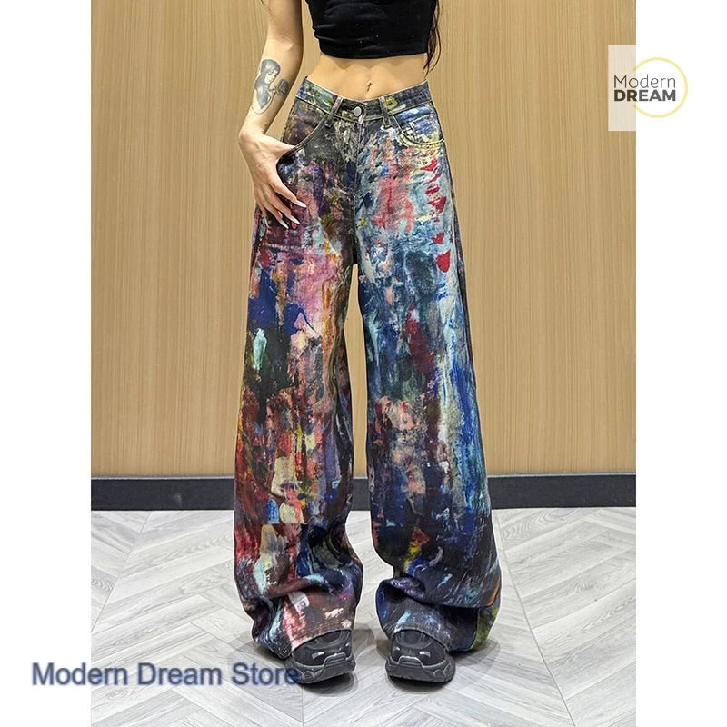 American heavy industry color splash-ink design jeans women's spring and summer new fashion Joker slim straight mop pants.