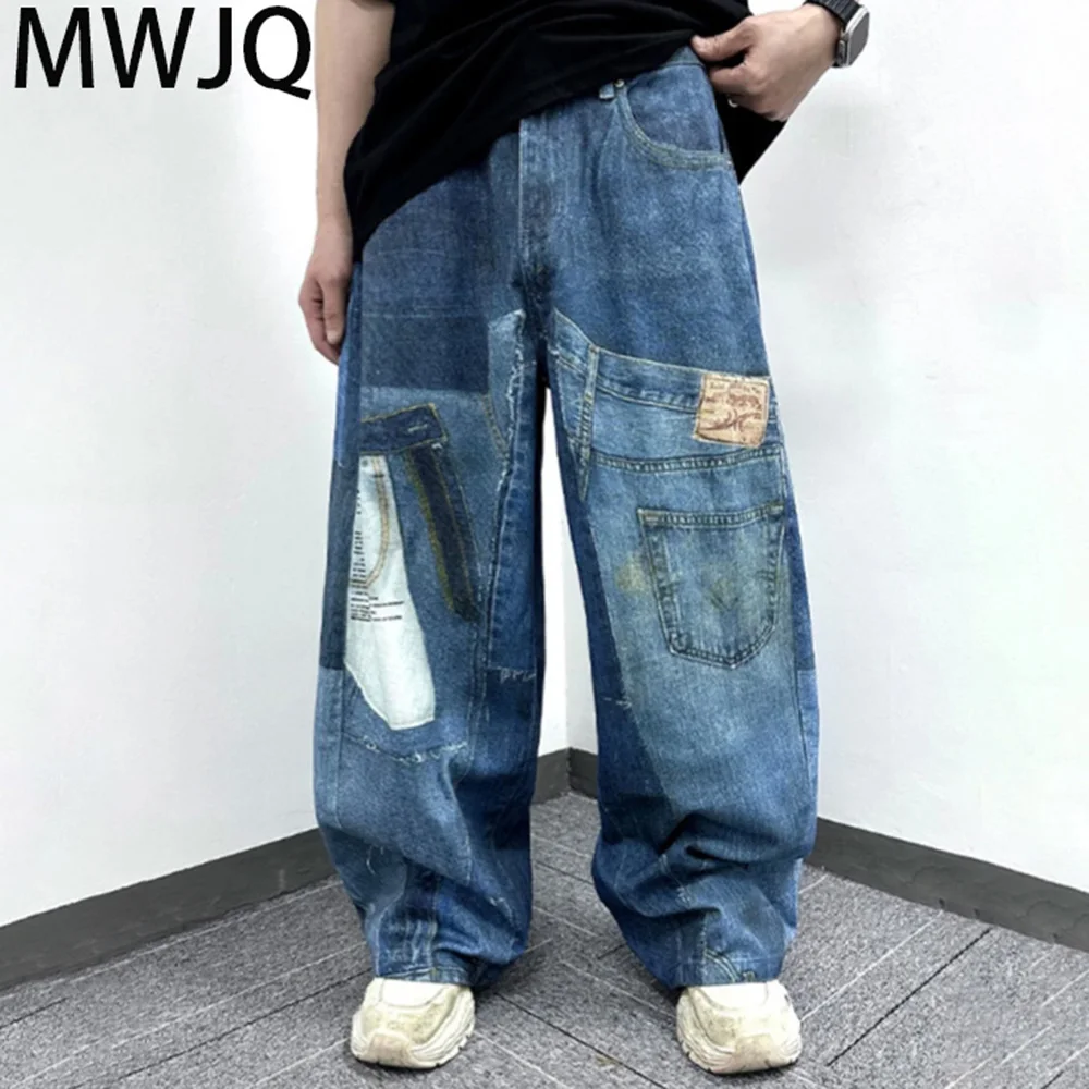 

MWJQ 3D Patch Printed Lazy Style Jeans Men American Y2K Spliced Streetwear Graffiti Niche Design Machete Wide Leg Pants 010361