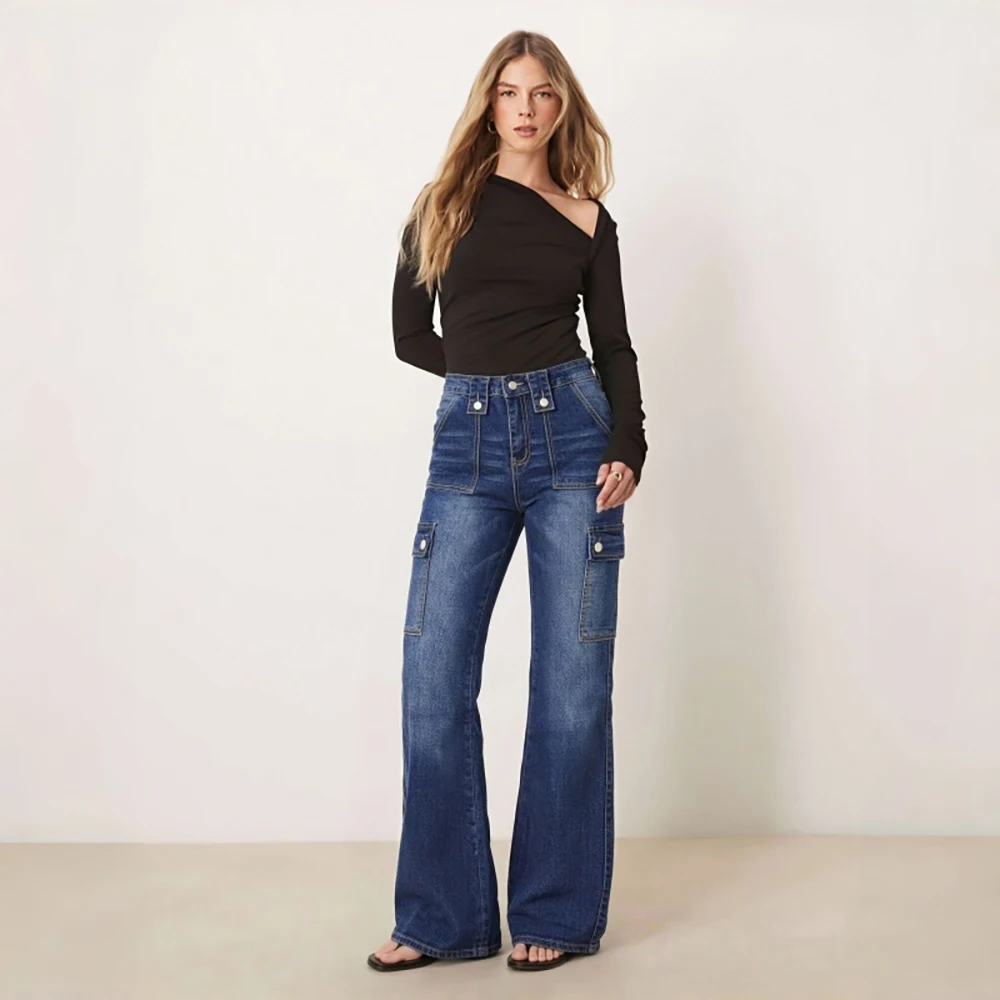 Women High Waist Cargo Flare Jeans American High Street Multi Pockets Denim Pants Loose Bootcut Casual Trousers For Ladies