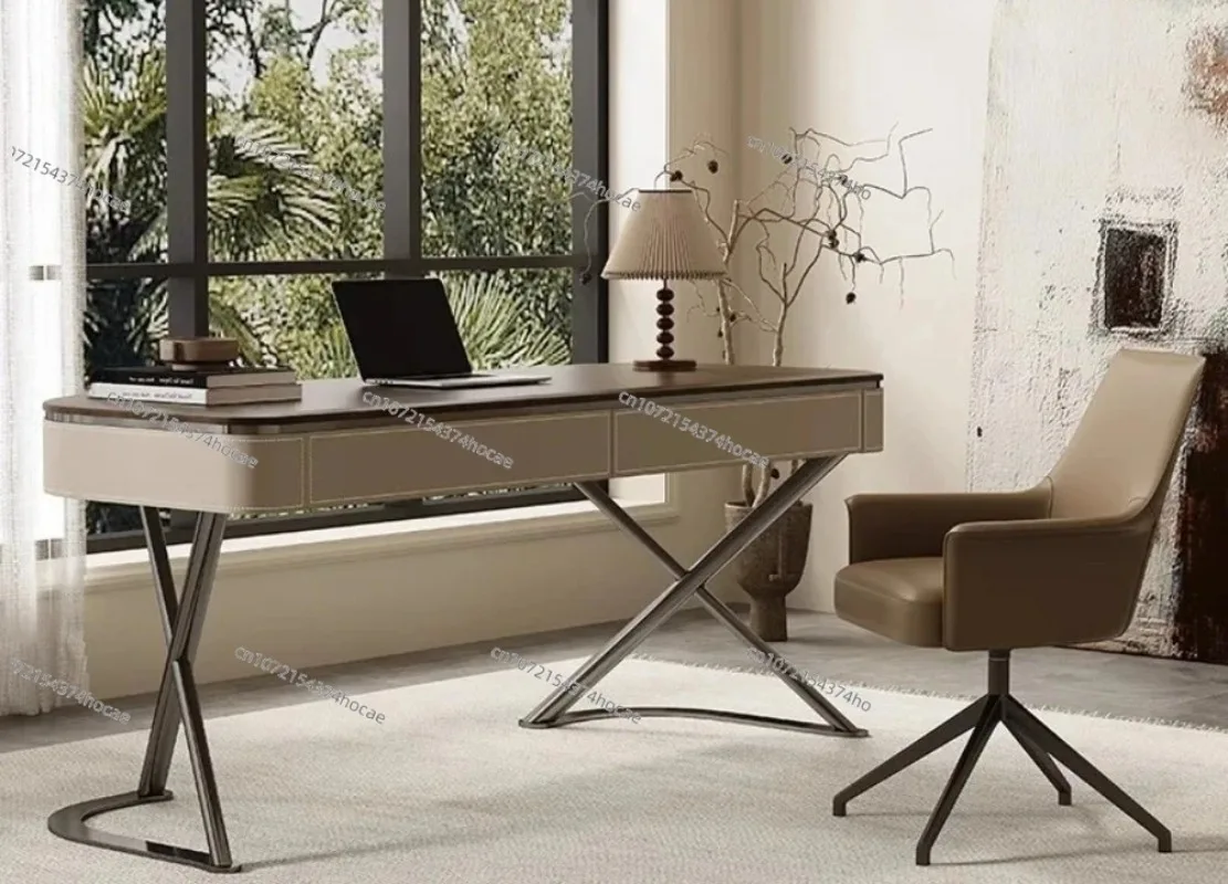 Contemporary Solid Wood Writing Desk Walnut Finish Saddle Leather Modern Computer Table for Home Study