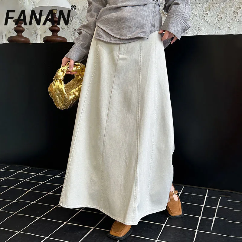 

FANAN Vintage A-line Skirts For Women Solid High Waist Mid-length Skirts Office Lady Female Fit Clothing 2025 Spring New