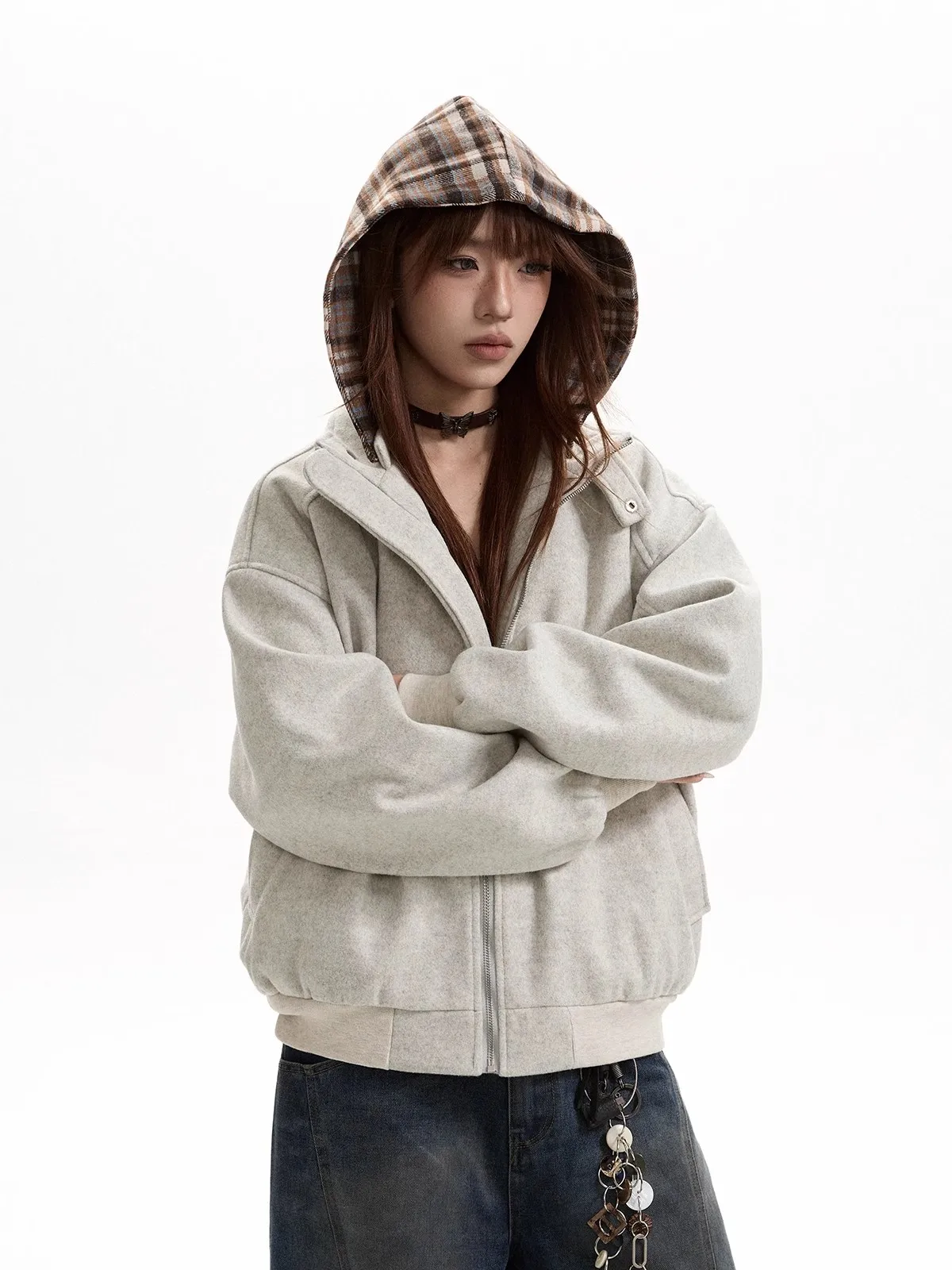 Retro americano xadrez boxy hoodie algodão jaet feminino cleanfit casaco de lã longo sve Thiened inverno commute sle