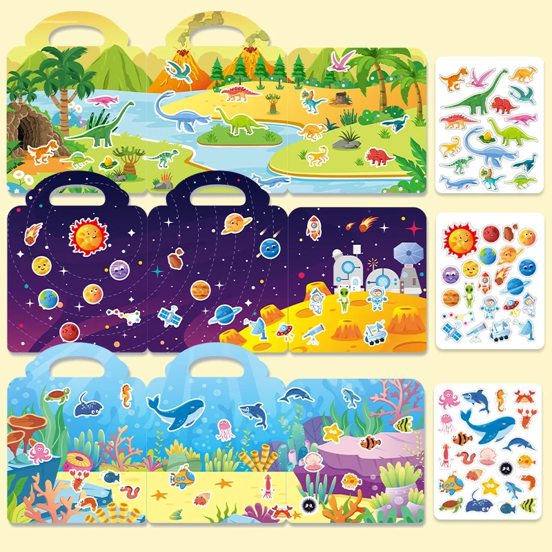Set di 3 Libri di Adesivi Riutilizzabili per Bambini, Tema Animali e Oceano, Giocattolo Portatile Fai-da-Te, Regalo per Bambini