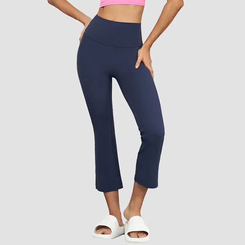 New High Elasticity Casual Sports Micro Flare Pants Women Summer Running Seven Lengths High Waist Peach Butt Tummy Control
