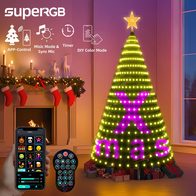 2.1M Smart APP Christmas Tree Light DIY Graffiti Text 400LEDs RGB Xmas Tree Fairy Light Tree Waterfall Garland Holiday Decor