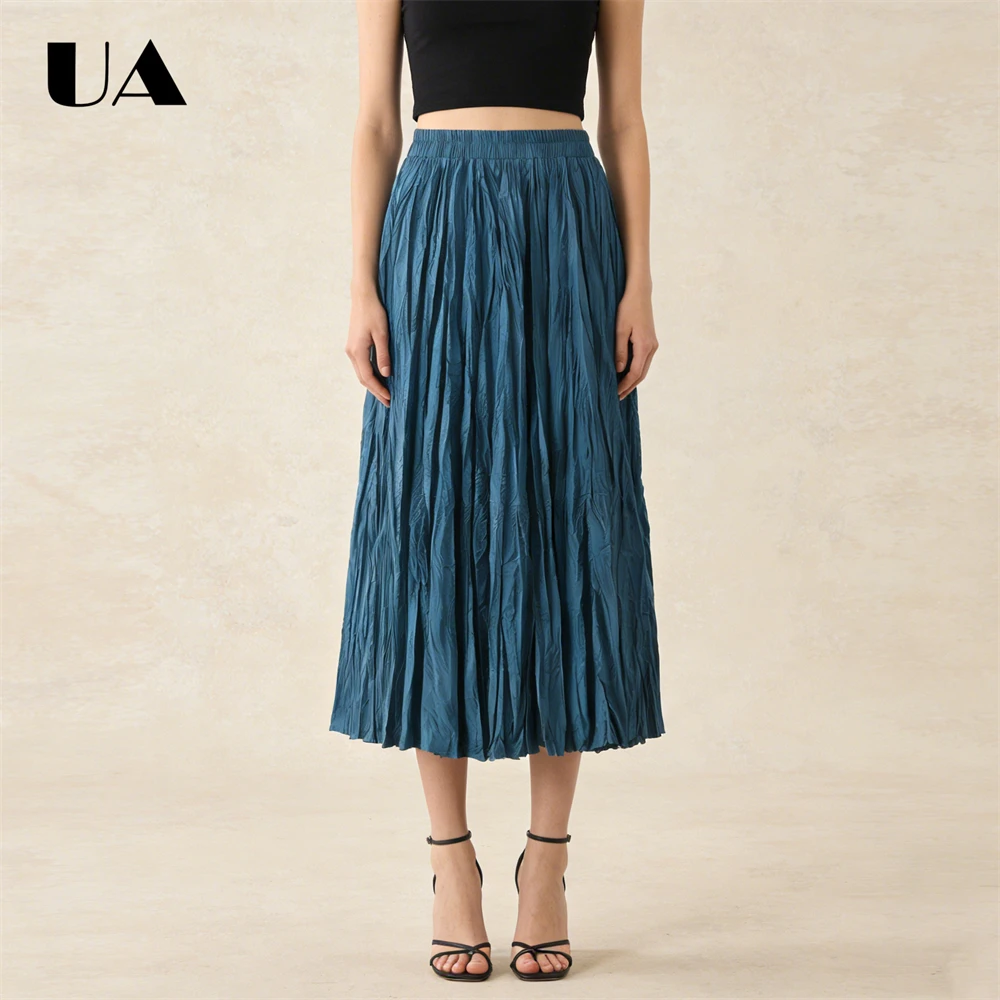 ULBYANRY One Size Flowing Pleated Skirt for Women Spring Autumn New Skirts, Elastic Waist 93cm Long Skirts