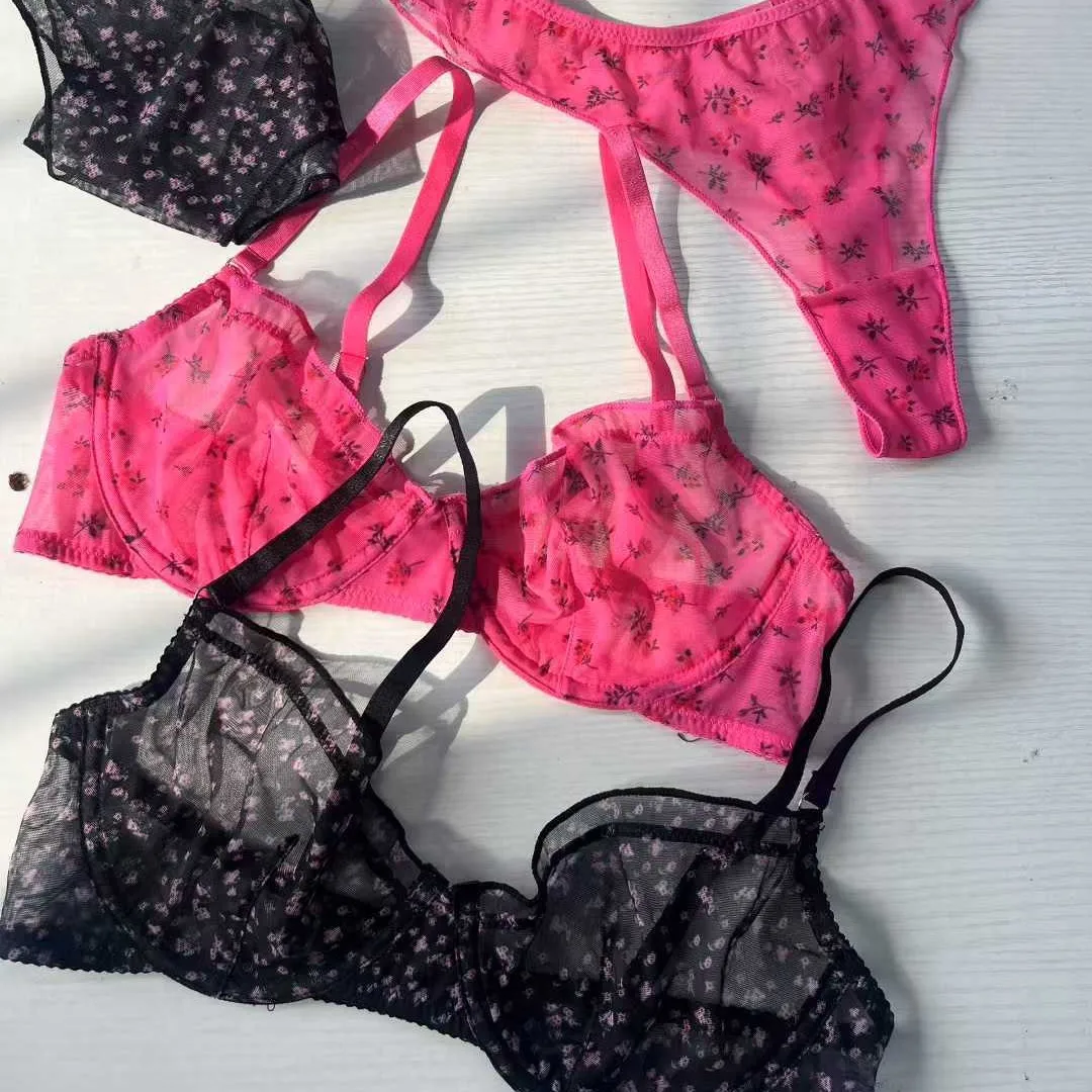 

Сексуальный комплект нижнего белья с кружевом и цветочным принтом, французский ультратонкий бюстгальтер, женское сетчатое дышащее белье, романтические комплекты бюстгальтеров и трусиков для женщин.