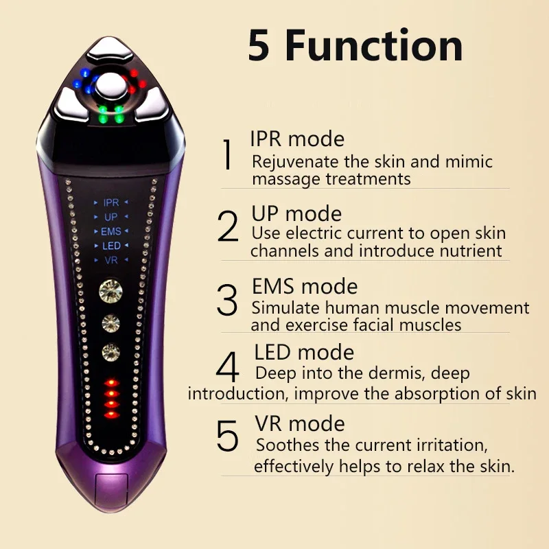 Microcorrent Ion Introdução Instrumento de aperto, EMS Facial Lift Beauty Instrument, R F LED Photon Therapy, Remoção de rugas também