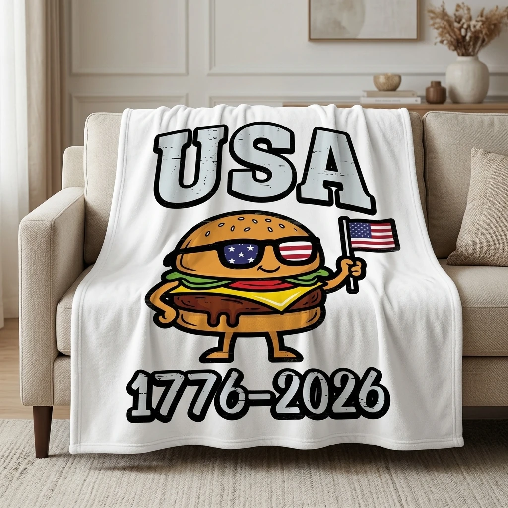 1PC 1776-2026 Funny American Flag Hamburger Thickened Flannel Blanket, Cozy Portable Fleece Throw, Great Gift for Boys Girls