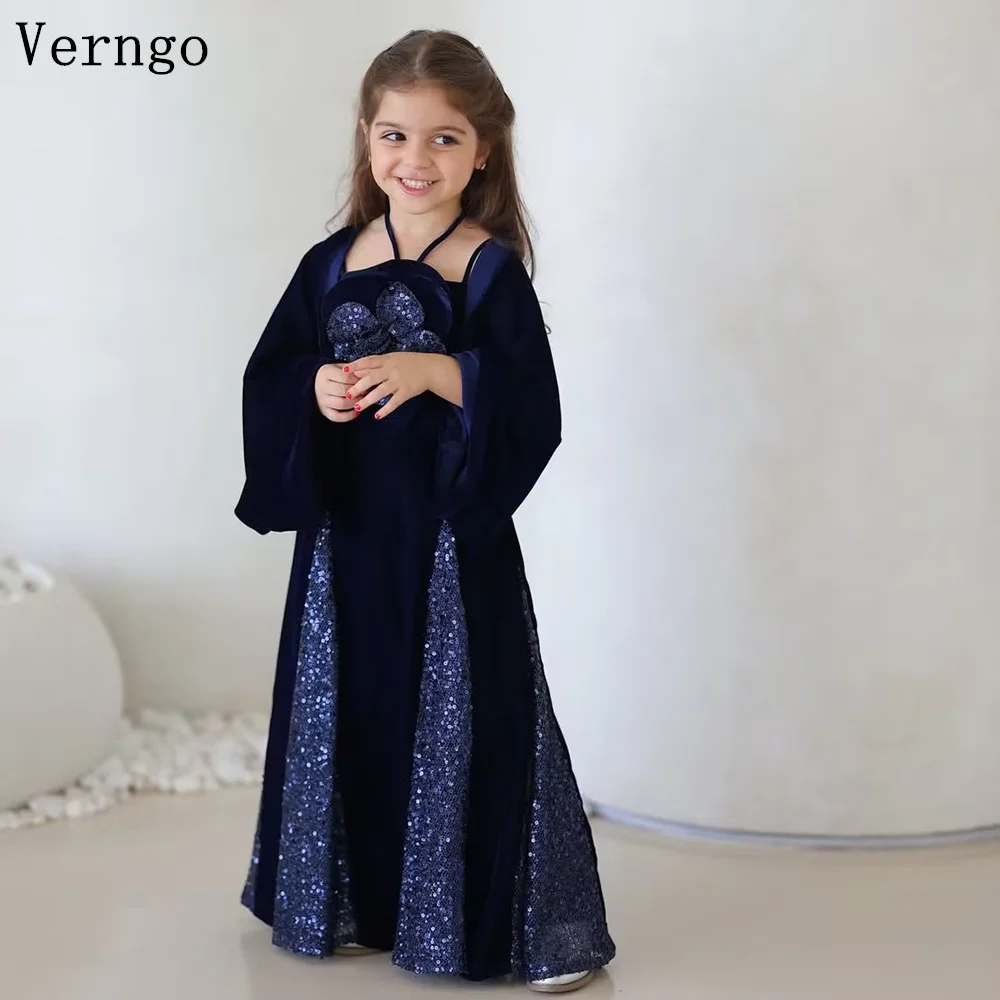 

Verngo Navy Blue Princess Birthday Party Dress 2 Pics Sequined A Line Formal Occasion Dresses Kid Celebrity Gown Customized