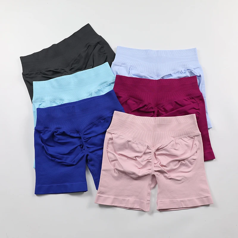 Short de sport froissé pour femmes, short de gymnastique, taille basse, sans couture, pour Yoga, haute élasticité, pour course à pied, motard