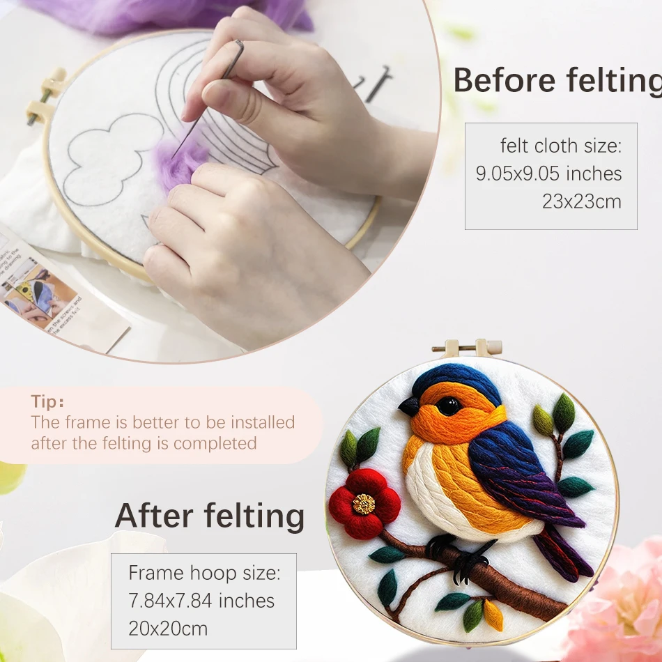 Needle Felting Kit Birds And Cow Wool Felting Painting Kit For Beginners 20x20cm Frame Needle Felting