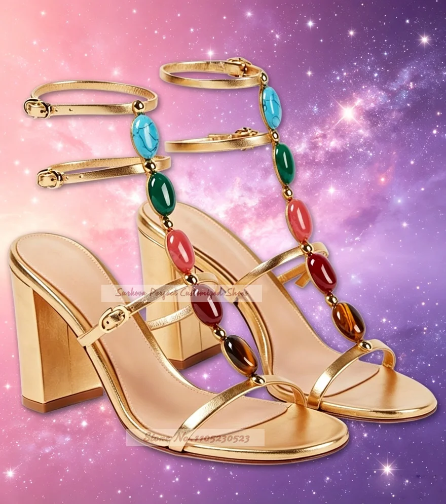Metallic Gold Matte Colorful Stone Sandals Chunky Heel Belt Buckle Straps String Beaded Dress Block Heels Multi-Color Shoes