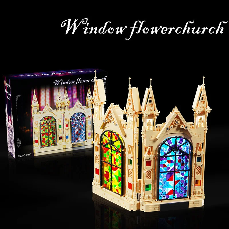 Blocs de Construction d'architecture de film créatif, décorations de fenêtre d'église, figurines en brique, jouets avec lumière pour cadeaux