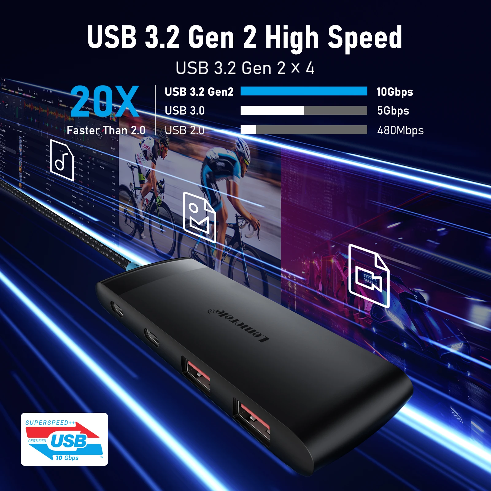 Lemorele TC109 USB3.2 Hub 5-in-1 USB C Hub10Gbps 2 USB-A 2 USB-C for Mac/Windows/SSD/HDD Data Transfer Thunderbolt 3/4 Compatibl