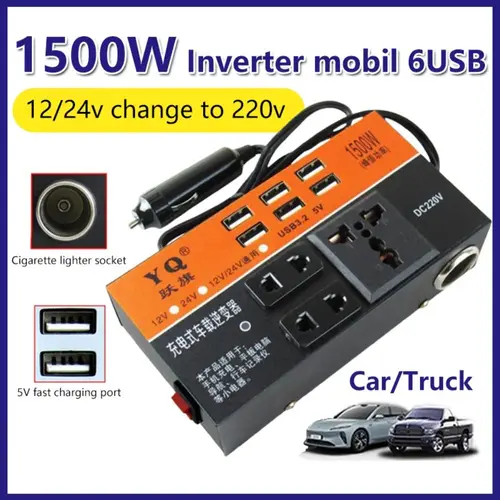 Imagen 2 del producto Inversor Universal portátil para coche, CC de 12V/24V a 220V con 6 puertos USB, enchufe convertidor para coche, adaptador de corriente multifunción de alta potencia