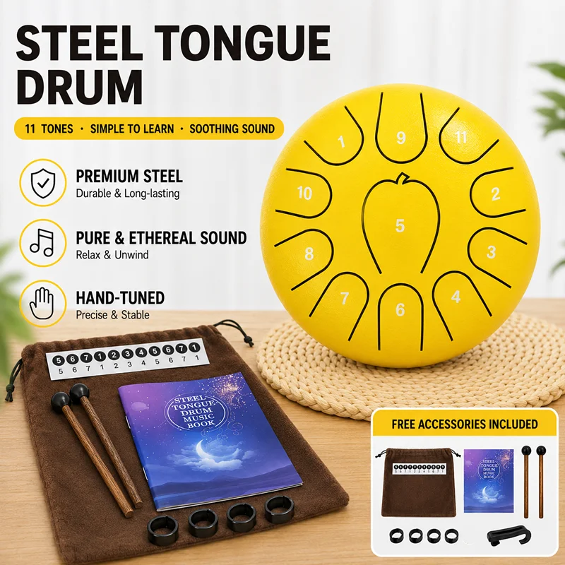 6 Inch Steel Tongue Drum Waterproof Rain Drum 11 Notes B Tone Steel Tongue Drum Portable Meditation Percussion Instrument Complete Accessories Set Beginner Outdoor Musical Drum