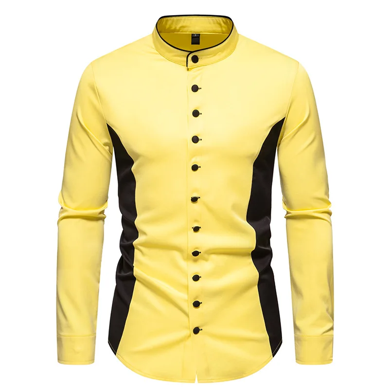 Mens Yellow Colorblock Stand Collar Shirt Men Long Sleeve Casual Button Up Dress Shirts Hip Hop Streetwear Henley Shirt Male XXL