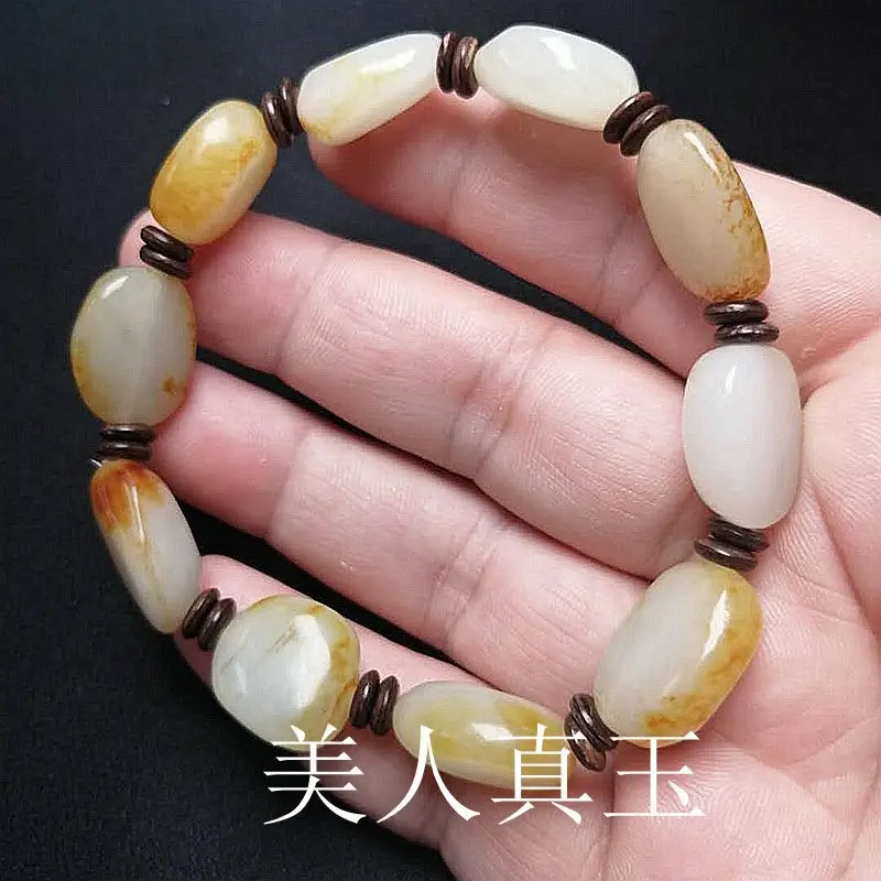 Factory Hetian White Pebble Men and Women Rough Stone with Leather Jade Bracelet